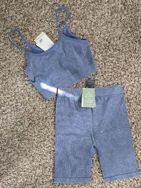 H&M Dusty Blue Ribbed Crop Tank & Biker Shorts Set